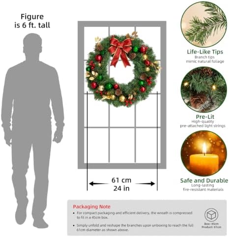 24" Pre-Lit Christmas Wreath with Red Bows for Front Door Decorations - Image 4