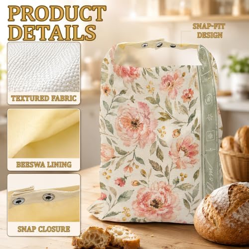 2 Pack Reusable Beeswax Blush Floral Bread Bags, Sourdough Bread Garden Leaf Storage for Homemade, Freezer Storage Bag to Keep Fresh, Baguette Bag with Beeswax Liner Kitchen Baking - Image 3