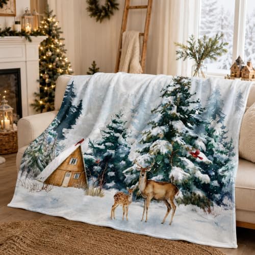 Winter Deer Throw Blanket, Snow Forest Flannel, 80 x 60 - Image 3