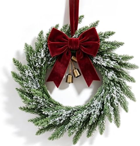 24'' Christmas Wreath for Front Door Real Touch Artificial Frosted Norfolk Pine Wreath with Burgundy Velvet Bow & Gold Bells for Indoor Outdoor Wall Window Porch Farmhouse Xmas Winter Holiday Decor by Unknown