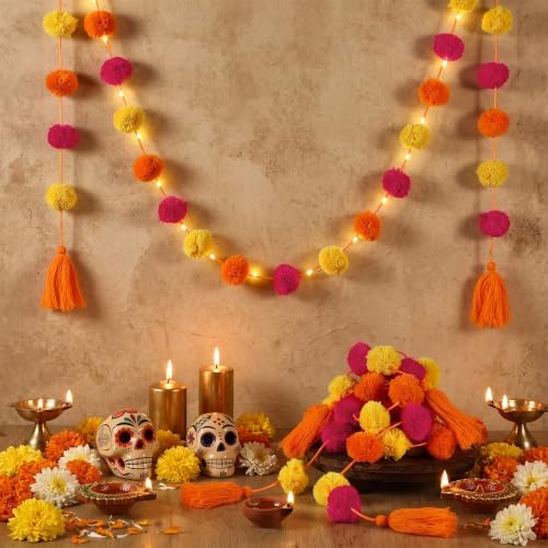 Yalikop 10 Pcs Pom Pom Garland 5 Ft Diwali Party,Orange,Yellow,Rose Red - Image 3