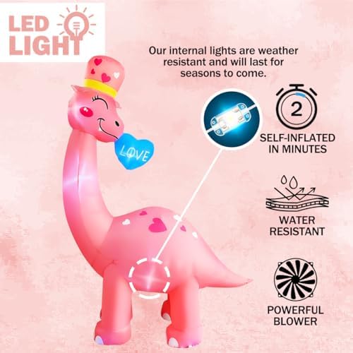BLOWOUT FUN 8 Ft Valentine's Day Inflatable Dinosaur Light Up Decoration Blow Up Brachiosaurus for Birthday Wedding Anniversary Party Decor - Image 4