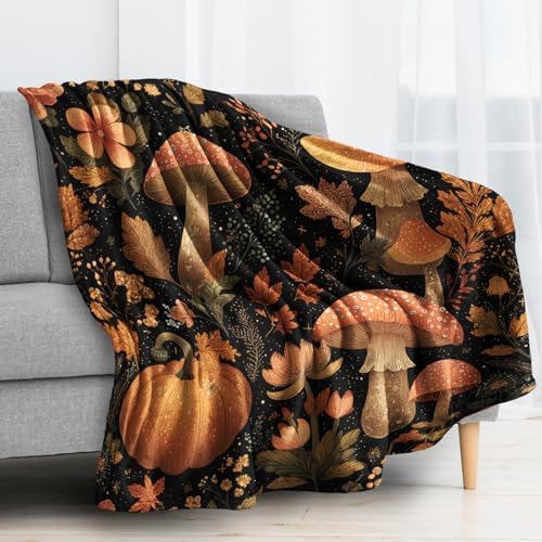 Fall Throw Blanket, Pumpkin Mushroom Leaf Fleece Blanket for Couch Bed Sofa, Autumn Botanical Blankets and Throws, Decor & Gifts, Super Soft Plush Flannel Blanket, 50x60 - Image 2