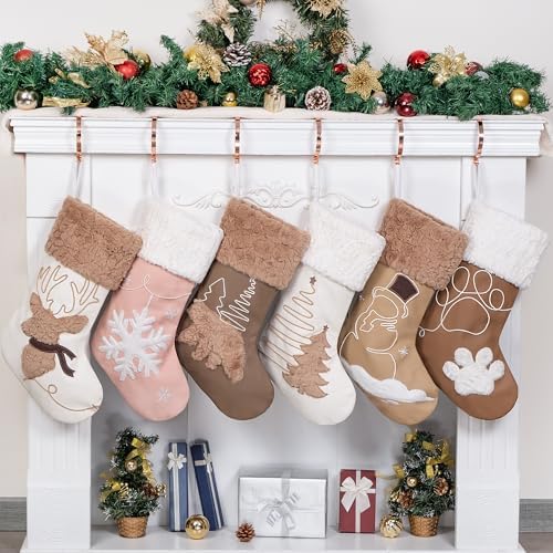 GEXWORLDWIDE GEX Christmas Stockings 6 Pack for Family Soft Pleather with Rope Stitch Embroidery Large 20" Faux Fur Boho Rustic Farmhouse Country Stockings for Xmas Fireplace Decoration (Set of 6) by GEXWorldwide