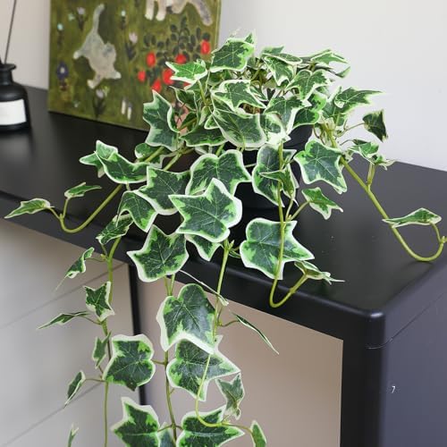 Fake English Ivy Plants in Pots Set of 2 – Realistic Artificial Ivy Greenery for Home Decor, Tabletop, Office, Shelf, Balcony, Lifelike Faux Hanging Vines, No Maintenance Required - White and Green - Image 6