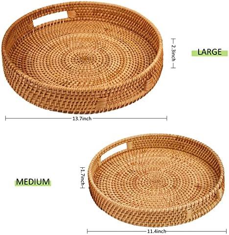 Round Rattan Serving Tray with Handles, Hand Woven Basket, Home Decor Organizer Tray for Breakfast, Tea, Snack, Fruit, Coffee,Storage (Large)(14.17inchX2.3inch) - Image 2