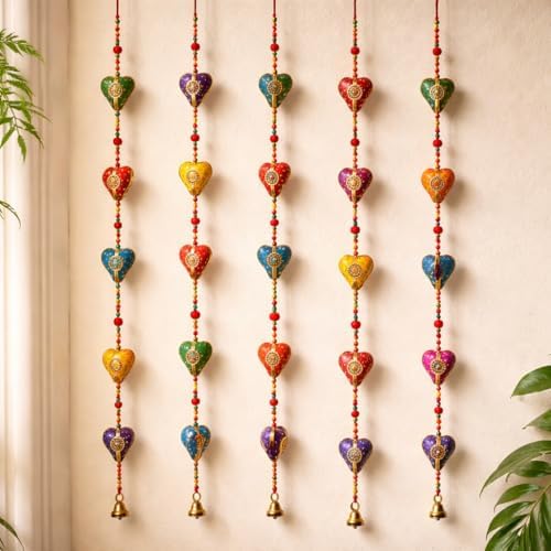 LOVENSPIRE Rajasthani Door Hanging Wind Chimes Indian Traditional Heart Wall Hanging Diwali Christmas Wedding Decor Wind Chime for Home Decoration Patio - Housewarming Gifts (5 Strings) by LOVENSPIRE
