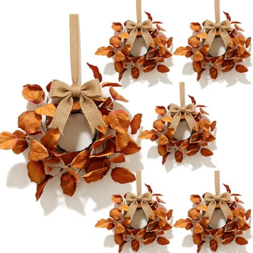 6 Pcs Small Fall Hanging Wreaths with Artificial Autumn Leaves Burnt Orange Rust Red Foliage Rustic Mini Cabinet Wreath for Home Table Centerpieces Kitchen Farmhouse Thanksgiving Party Decor by EYNDYN