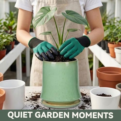 11 Inch Ceramic Planter Pot with Saucer Drainage Leak-Proof Mesh,Flower Pots for Lavender with Gardening Gloves,Ceramic Planter for Orchid (Light Green) - Image 5