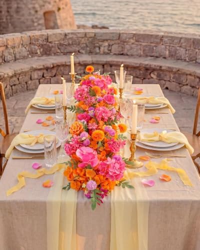 36inch Aisle Flower Garland with Chiffon Sheer Drape, Bright Multi-Color Rose with Hydrangea & Chrysanthemum Artificial Flowers, Floral Runner for Wedding Arch, Backdrop, Table Decor, Ceremony Pathway - Image 3