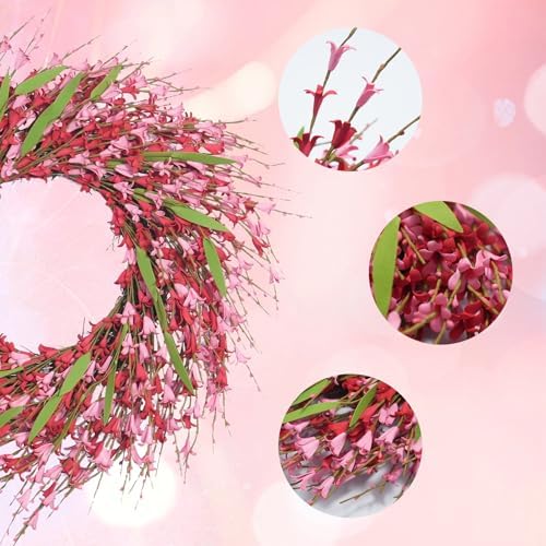 idyllic 22 Inch Spring Pink Forsythia Wreath, Valentine's Day Floral Decor with Red Pink Blooms for Front Door Mantel Table Wall Window Indoor Wedding Anniversary Dinner Decor - Image 3