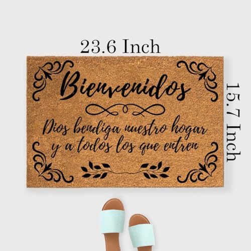Funny The Entrance Way Outside Personalized Rug with Heavy-Duty Non Slip Outdoor Coconut Coir Doormat Pets Lover Gift 23.6 x 15.7 inch (Spanish Bienvenidos May God Bless Our Home) - Image 2
