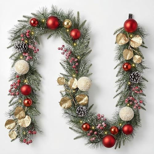 Valery Madelyn 9 Ft Christmas Garland with Lights for Mantle Red Gold by ValeryMadelyn