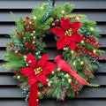 Pinkpuii Pre-Lit Christmas Wreaths for Front Door 24 Inch Christmas Wreath with Lights,Large Winter Wreath with Cardinal Birds,Poinsettia,Green Evergreen Pine Needles Red Berries Holiday Wreath Decor by Pinkpuii