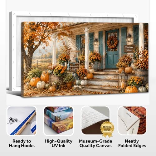 WAXWHELK Farmhouse Fall Canvas Wall Art, Pumpkin Autumn Farmhouse Porch Painting Pictures Rustic Thanksgiving Home Decor Artwork for Living Room Bedroom (16"x32") - Image 6