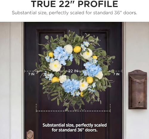 22 Inch Lemon Wreath for Front Door, UV Resistant Blue Hydrangea Olive Branch Floral, Waterproof Spring Summer Wreath - Image 3
