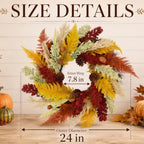 24 inch Fall Wreaths for Front Door, Containing Pine Cones and Wheat Ears - Image 2