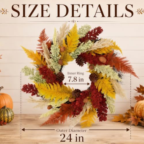 24 inch Fall Wreaths for Front Door, Containing Pine Cones and Wheat Ears - Image 2