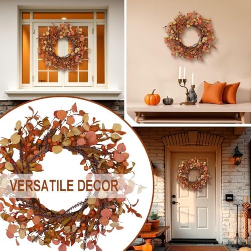20 Inch Fall Wreath for Front Door Autumn Decor with Orange Eucalyptus Leaves Rustic Thanksgiving Harvest Wreaths Indoor Outdoor Hanging Home Decor - Image 6