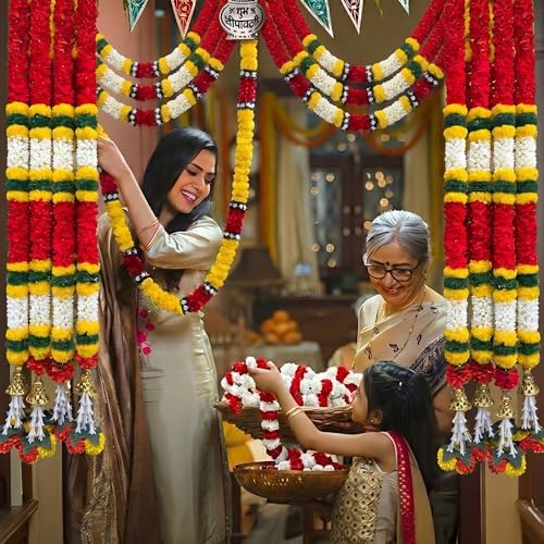 DIYANA IMPEX 4 Pc Artificial Marigold Garland with Bells, 5 Ft Long Hanging Flower Strings for Diwali Decorations, Indian Wedding, Party, Home Decor, Ganpati Hanging Decor & Mantle Decor (Red) - Image 3