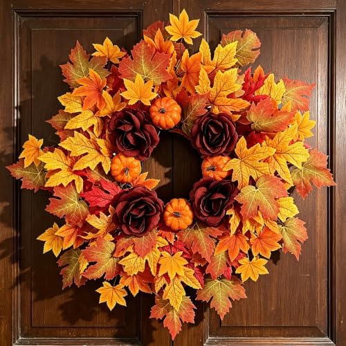 26Inch Fall Wreaths for Front Door, Autumn Door Wreath with Pumpkin,Rose,Berries for Indoor Outdoor Decor Thanksgiving Harvest Festival Celebrations by SENCOS