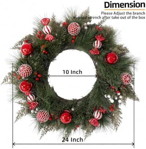 HipTree 24 Inch Lighted Christmas Wreath for Front Door,Red White - Image 2