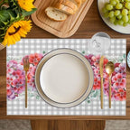 Red Flower Placemats Set of 6, Spring Rustic Floral Eucalyptus Leaves Gray Plaid Placemats for Dining Table Place Mats for Kitchen Table Waterproof Table Mats, Wipeable Dining Table Set - Image 7