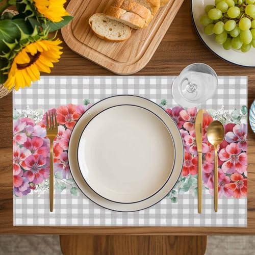 Red Flower Placemats Set of 6, Spring Rustic Floral Eucalyptus Leaves Gray Plaid Placemats for Dining Table Place Mats for Kitchen Table Waterproof Table Mats, Wipeable Dining Table Set - Image 7