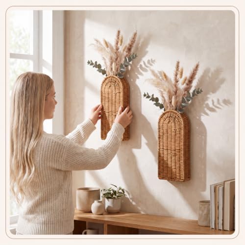 2 Pack Rattan Wall Vase 12 Inch Boho Woven Flat Hanging Vases with Pre Drilled Hook Modern Farmhouse Decorative Wall Art for Living Room, Entryway, Bathroom Decor - Image 5