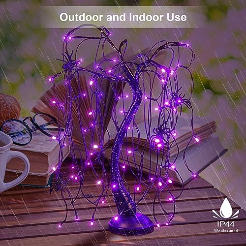 24Inch Halloween Lighted Willow Tree Bonsai Light 80 Purple LED Lights Table Top Lamp Artificial Tree Desk Decor with 4 Spiders Adapter Plug in/Battery Powered for Christmas Nativity Decoration - Image 2