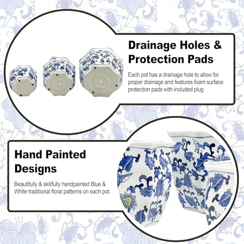 Galt International Blue & White w/Yellow Accent Round Fluted Floral Porcelain Ceramic Plant Flower Planter Pot Set of 3 (7.5", 10", 13") Garden Pots Chinese Asian Design - Image 4