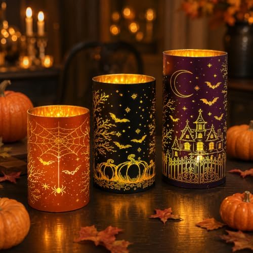 Wind Shear Lighted Halloween Glass Lanterns Set of 3, Tabletop Decor by Unknown