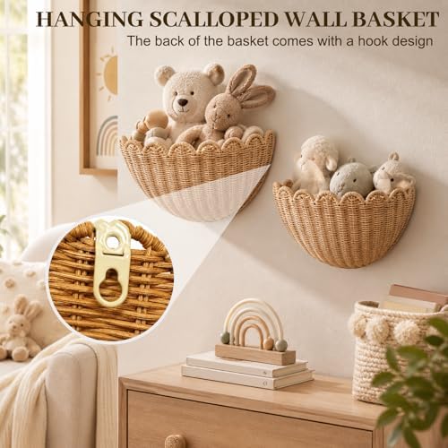 2 Pack Scalloped Wall Basket, Hanging Wicker Basket, Handwoven Wall Mounted Storage Basket（15.76 x 10 x 7 & 13.7 x 8 x 6 Inch）, for Bathroom Bedroom Kitchen Entryway Decor - Image 6