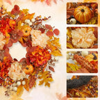 24 Inch Fall Wreath for Front Door, Artificial Autumn Leaves with Pumpkins - Image 4