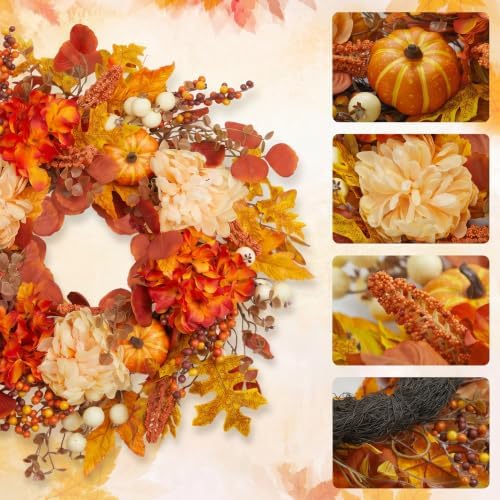 24 Inch Fall Wreath for Front Door, Artificial Autumn Leaves with Pumpkins - Image 4