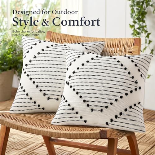 Mecatny Boho Outdoor Throw Pillow Covers 12x20 Set of 2 Black & Cream White - Image 3