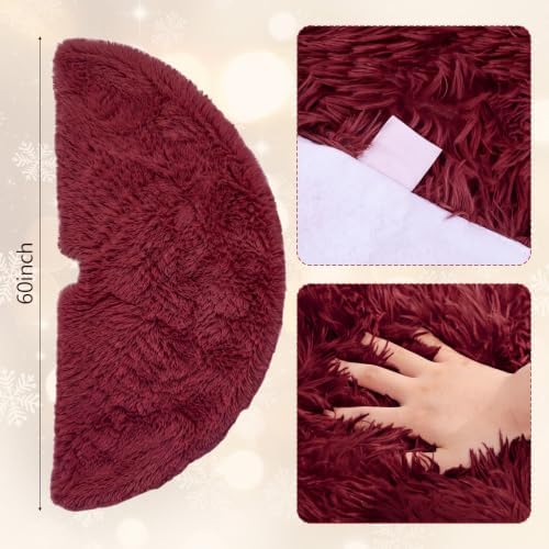 Burgundy Red Faux Fur Christmas Tree Skirt 60 Inch Plush Tree Skirt - Image 2