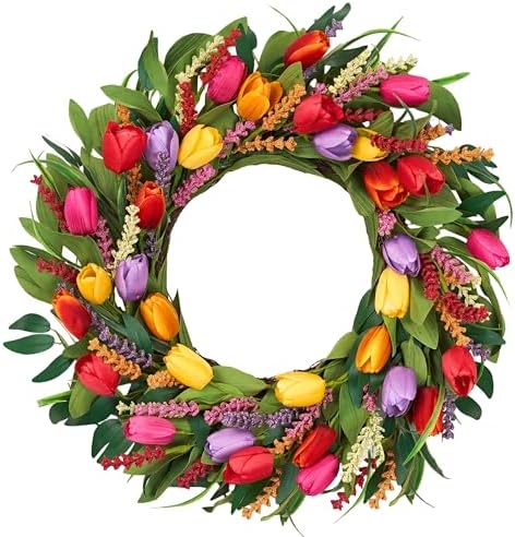 Spring Wreath 22 Inch Artificial Summer Wreaths Tulip Wreath for Front Door with Yellow Tulip Eucalyptus Leaves purple Lavender for Mother's Day Indoor Wall Festival Farmhouse Wedding Decor by MAINGKAUNG