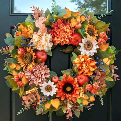 24 Inch Fall Wreaths for Front Door, Apple Wreath Artificial Autumn Wreath by PureCosy