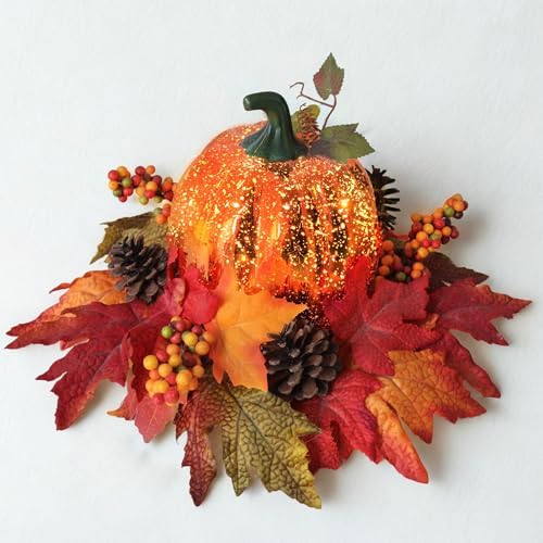 Lighted Pumpkin Fall Decor – LED Thanksgiving Decoration with Faux Maple Leaves, Berries, and Pinecones, Autumn Harvest Centerpiece for Table, Indoor and Outdoor Home Display by Homeinnovationlifeasart