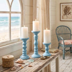 Set of 3 Light Blue Candle Holders Rustic Farmhouse Mango Wood Candlestick Holder Large Pillar Candle Stand Vintage Antique Home Decor for Table Centerpieces Fireplace Mantel, 12", 9", 6" H - Image 6