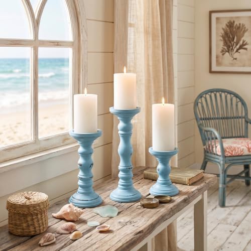 Set of 3 Light Blue Candle Holders Rustic Farmhouse Mango Wood Candlestick Holder Large Pillar Candle Stand Vintage Antique Home Decor for Table Centerpieces Fireplace Mantel, 12", 9", 6" H - Image 6