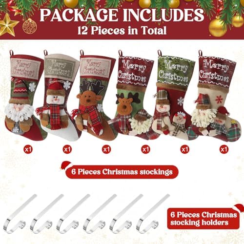 Foaincore Vintage Christmas Stocking 6 Pack 18 Inches with 6 Pieces Zinc Alloy Stocking Holders Fireplace Adjustable Holders for Family Holiday Mantel(Reindeer) - Image 2
