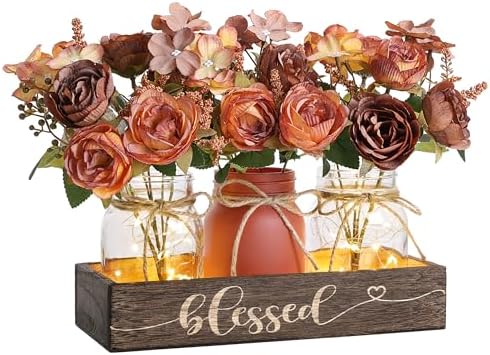 3 Pcs Mason Jar Table Centerpieces for Dining Room with Wood Tray&Led Light by FancyPlus