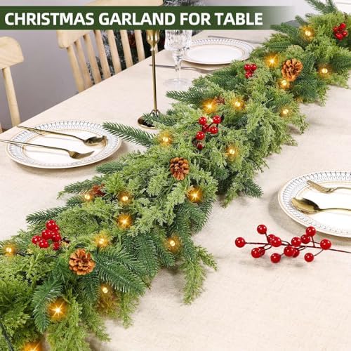 Thicker&Timer -6 Ft by 12 in Lighted Christmas Garland Real Touch Cedar Garland, Pre-Lit Lush Christmas Norfolk Pine Garlands Cypress Norfolk PE Tips Pine Cones Berries for Indoor Mantle Table Decor - Image 3