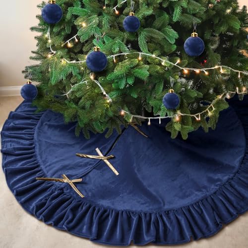 Velvet Christmas Tree Skirt, 72 Inches, Bow Style, Navy Blue by Vertintong