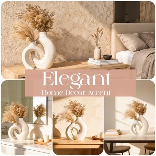Donut Vase Set of 2, Beige Ceramic Boho Pampas Grass Entryway Decor - Image 3