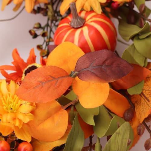 Artificial Fall Wreath 22 Inch Fall Wreaths for Front Door with Orange Pumpkins Berries Daisies Eucalyptus Leaves Autumn Door Wreaths for Thanksgiving Harvest Festival Wall Porch Farmhouse - Image 5
