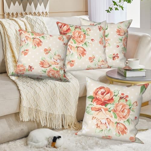 Orange Flower Throw Pillow Covers 24"x24" Set of 4, Countryside Floral Sofa Cushion Cover for Chair Couch Bed Living Room Office Car Garden Patio Farmhouse Indoor Outdoor Decorative - Image 4