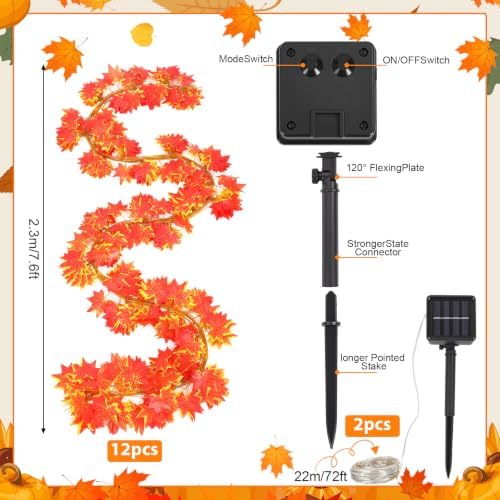 Sureio 72ft Fall Solar Lights Outdoor Decorative 88 ft Maple Leaf Garland String Lights with 200 LED 8 Modes for Porch, Yard, Front Door, Patio, Outside, Thanksgiving Harvest Autumn Party Decoration - Image 2